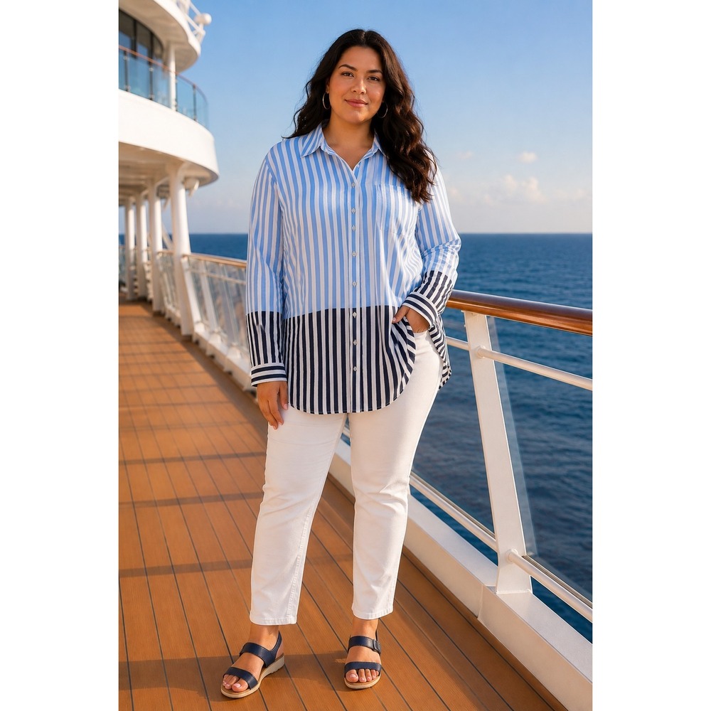 Wonder Stripe Women 1X Blue White Nautical Preppy Button Up Tunic Shirt Vacation